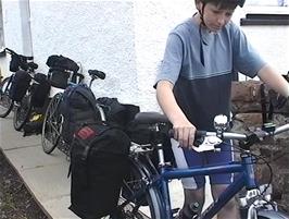 Andrew brings his bike out from our B&B in Camustiel, Applecross